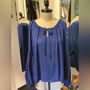 Spense Women's Blue Long Sleeve Blouse with Balloon Sleeves, Size Large